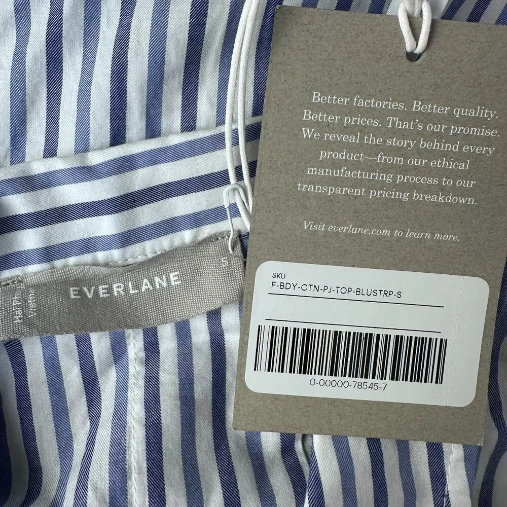 Everlane‎ Women's The Woven 100% Cotton Long Sleeve PJ Pajama Top, Blue Stripe